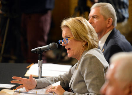 Senator Shelley Moore Capito, R-W.Va., speaks at the Congressional hearing in Charleston on Monday morning. The roughly two-hour hearing examined the leak of thousands of chemicals from a storage tank into the Elk River. See hearing story at http://www.charlestondailymail.com/News/201402100008
